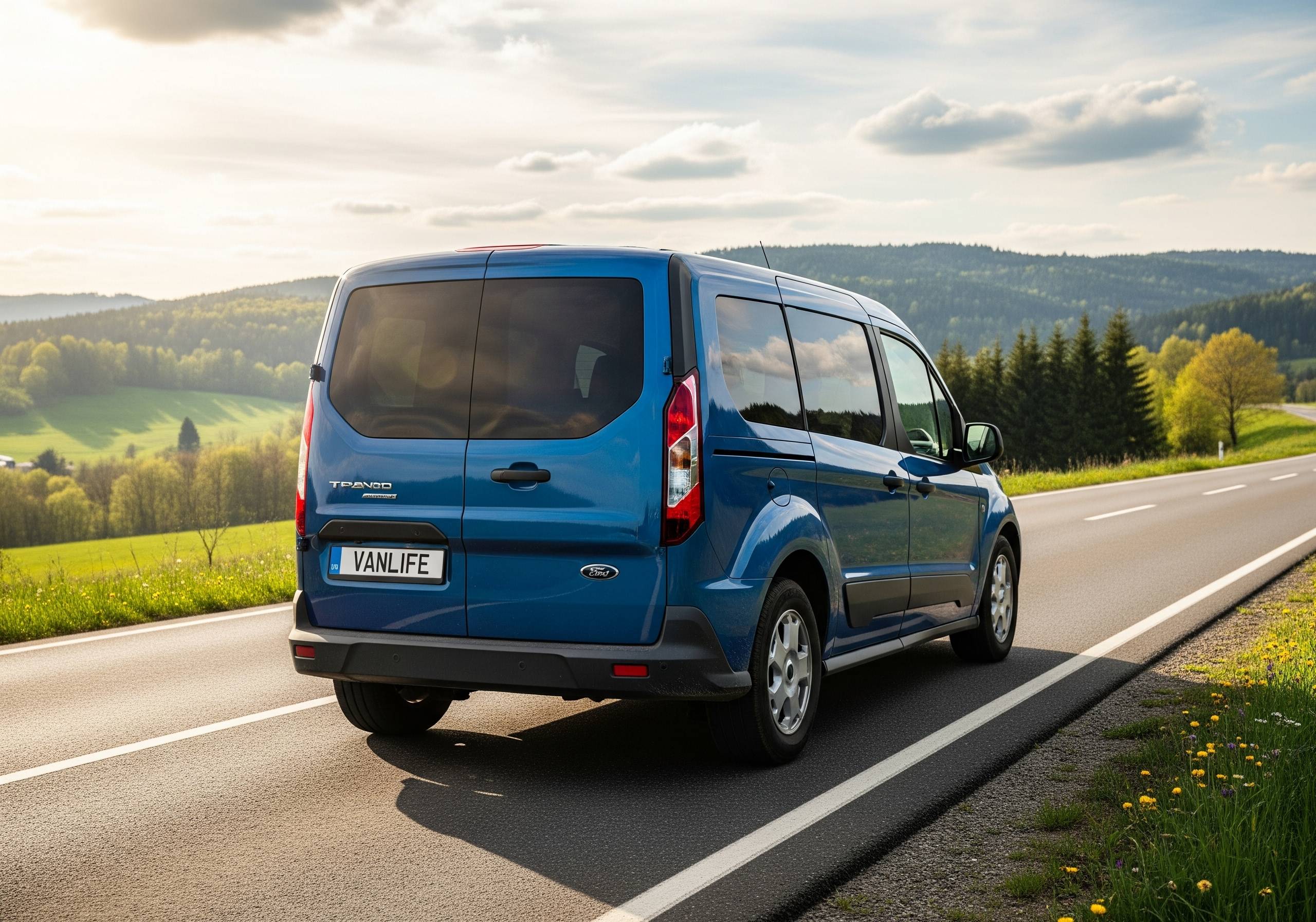 Van azul na estrada representando Empréstimo com Van em Garantia